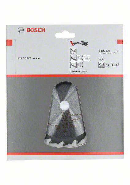 Verpackung für ein Bosch-Kreissägeblatt 'Speedline Wood' für Holz, 130 mm Durchmesser, mit Symbolen für Anwendungen und Spezifikationen.