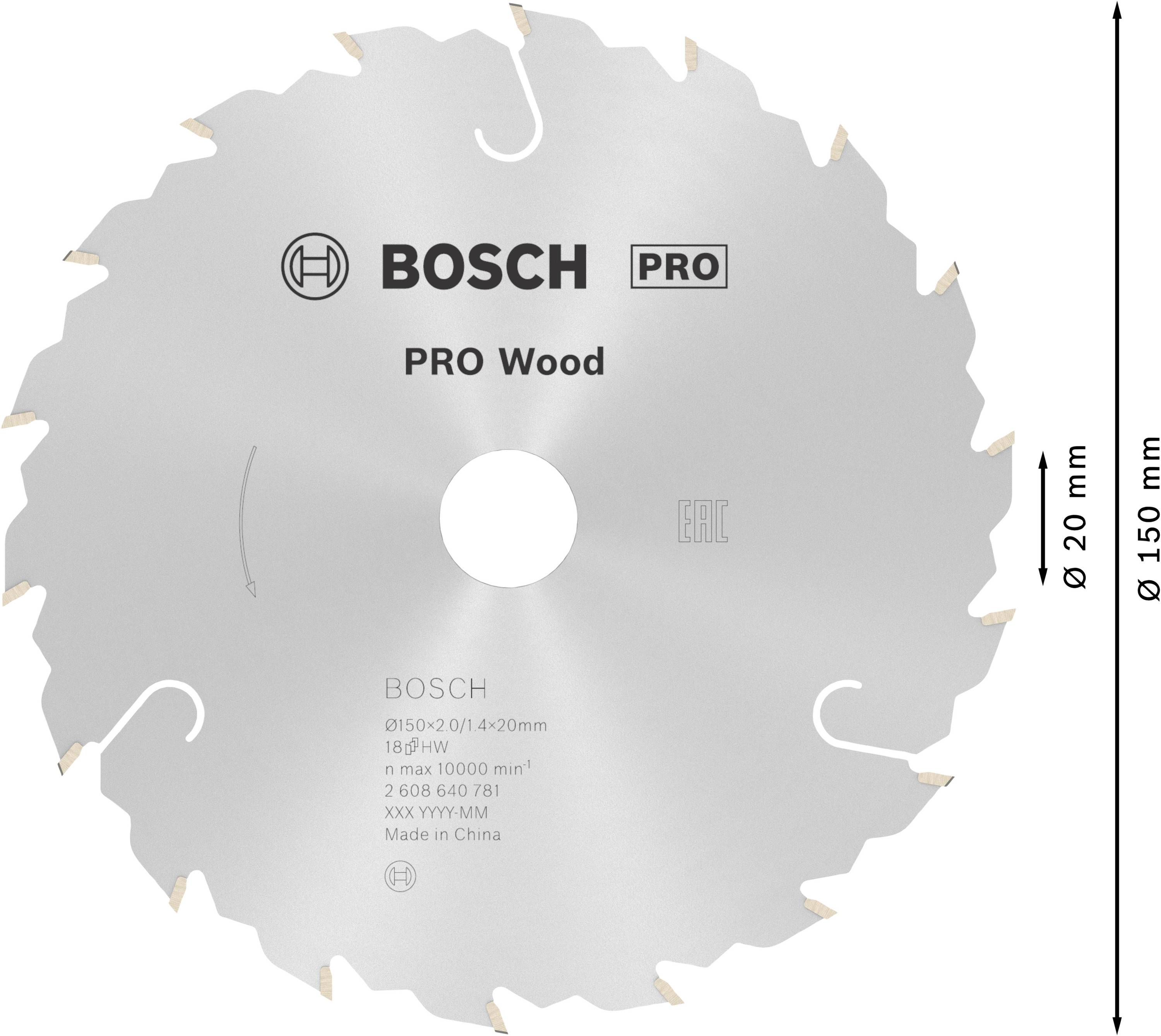 Kreissägeblatt von Bosch, Modell PRO Wood, Durchmesser 150 mm. Geeignet für Holz, max. 10000 U/min, gefertigt in China.