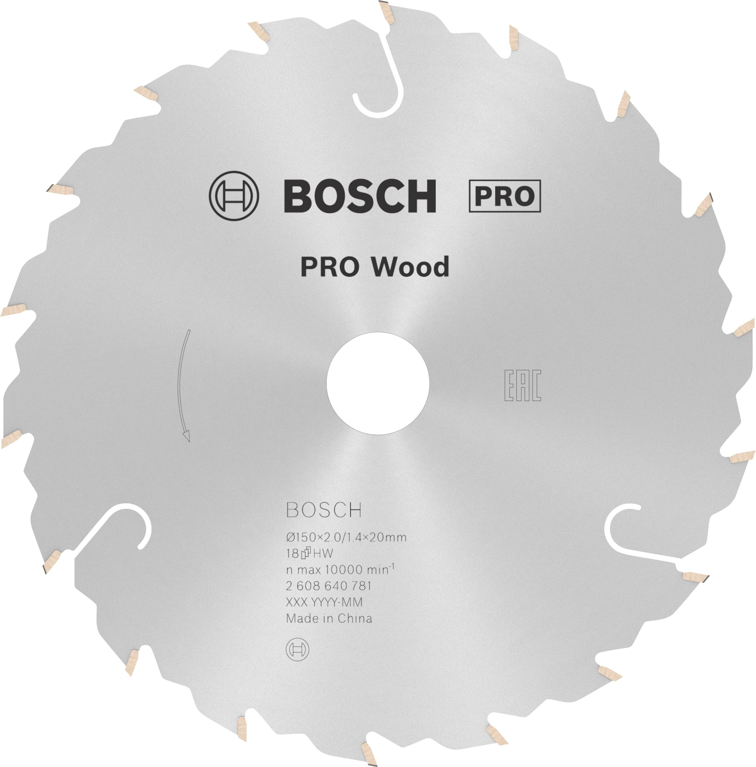 Kreissägeblatt aus Metall mit aufgedruckten Informationen: 'Bosch Pro Wood', Durchmesserangabe 'Ø150 x 2,0/1,4 x 20mm', 18 Zähne.