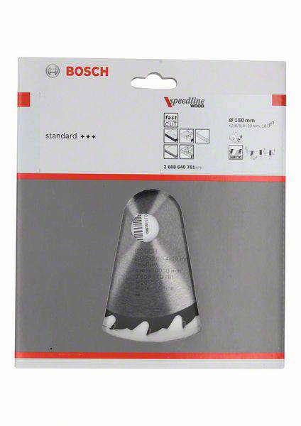 Eine graue Verpackung von Bosch mit einem Sägeblatt für Holz. Die Verpackung zeigt Größe, Anwendung für schnelle Schnitte und technischen Details.