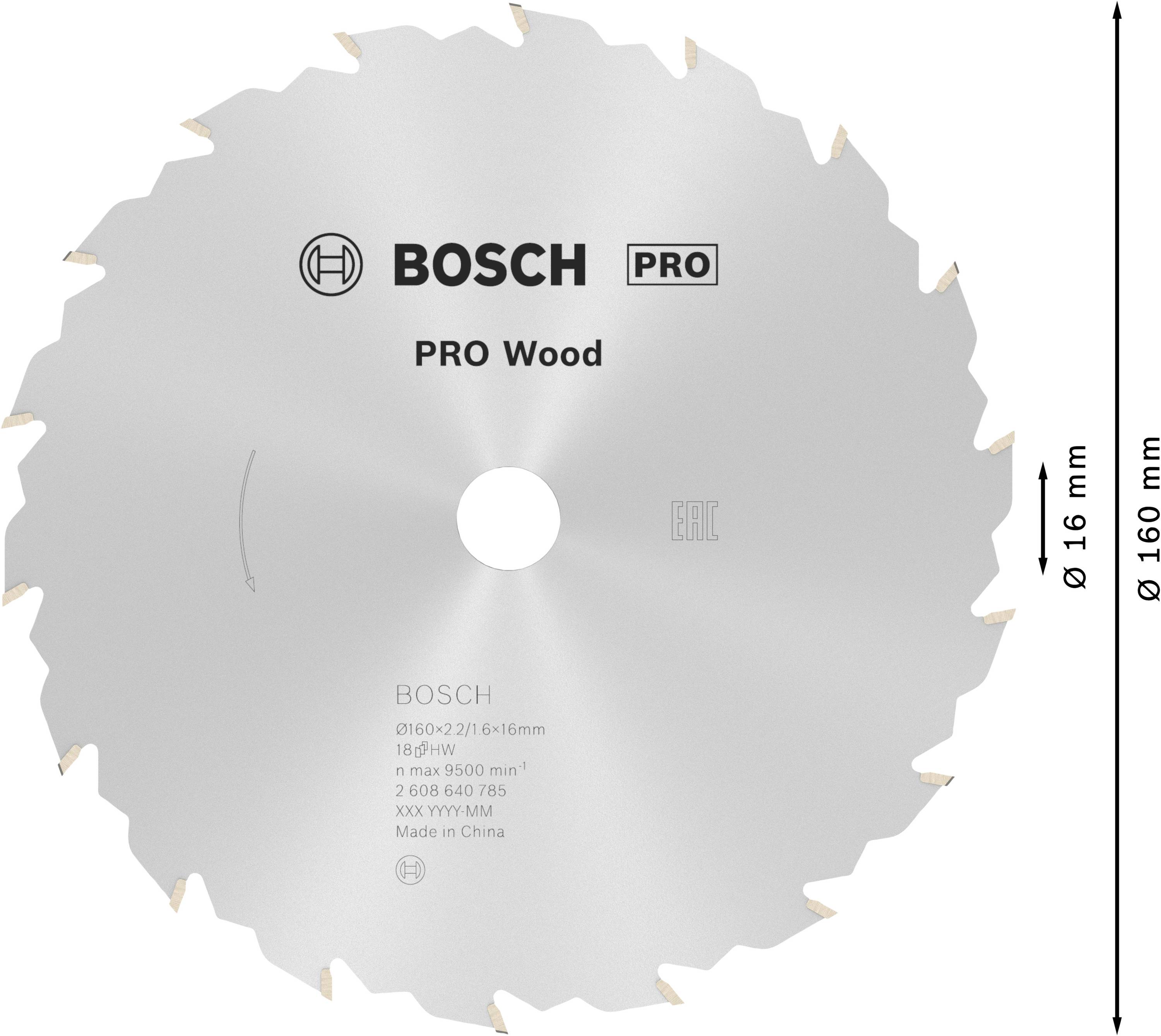 'Bosch PRO Wood' Sägeblatt, silber, Durchmesser 160 mm, geeignet für Holzarbeiten.