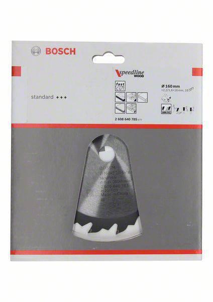 Eine Verpackung für ein Bosch-Sägeblatt, geeignet für Holz, mit einem Durchmesser von 160 mm. Enthält Details zur Geschwindigkeit und Qualität.