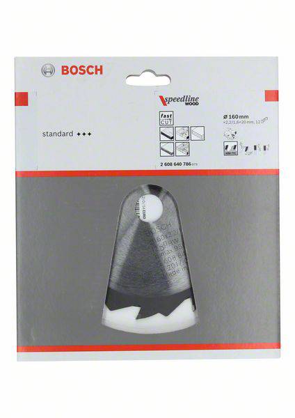 Verpackung eines Bosch Standard Speedliner Saw Blades mit Abmessungen, Kompatibilitätsinformationen und Symbolen für Anwendungen.