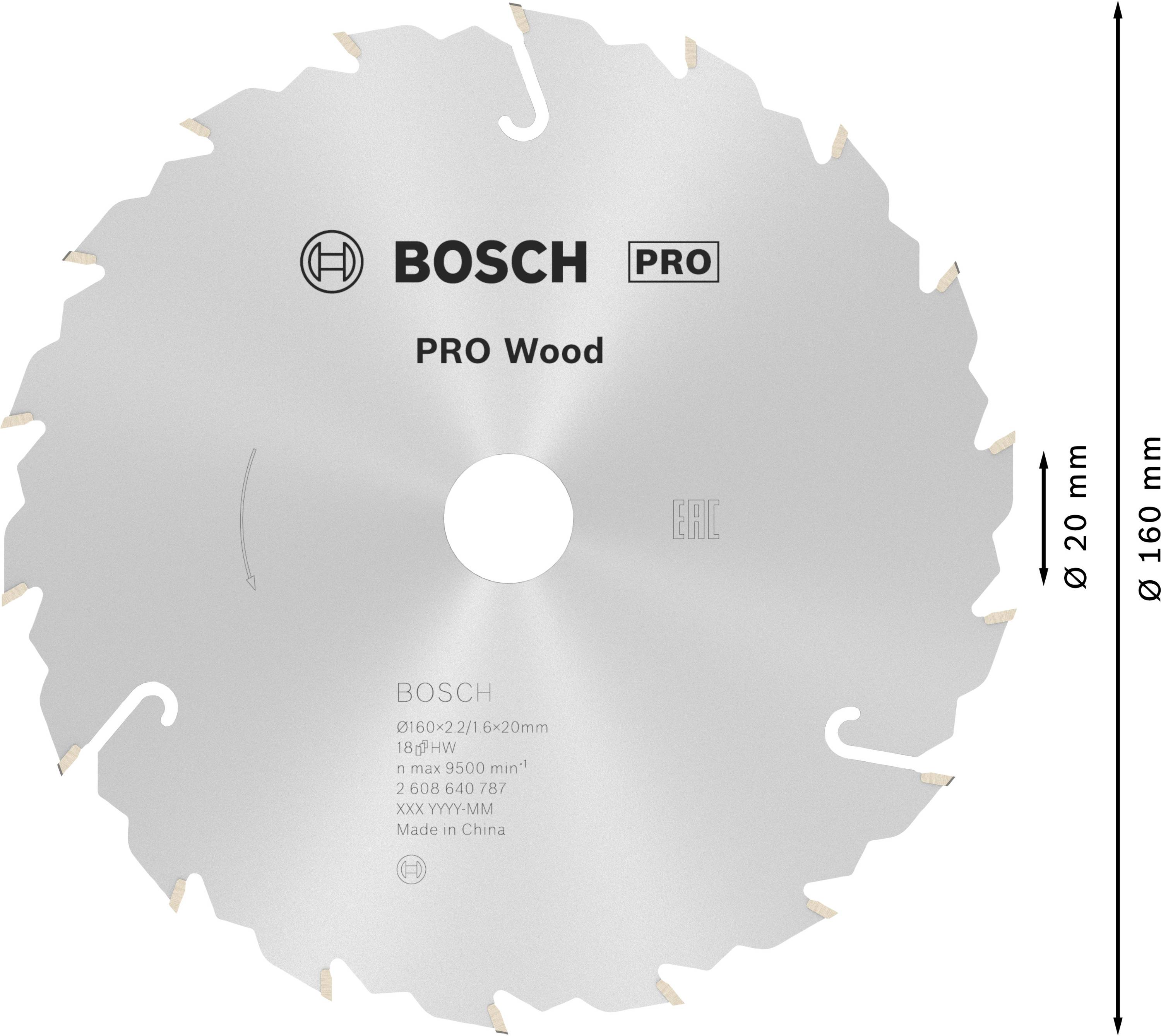 Kreissägeblatt von Bosch für Holzarbeiten, markiert mit 'PRO Wood'. Durchmesser: 160 mm. Geeignet für präzisen Holzschnitt. Made in China.