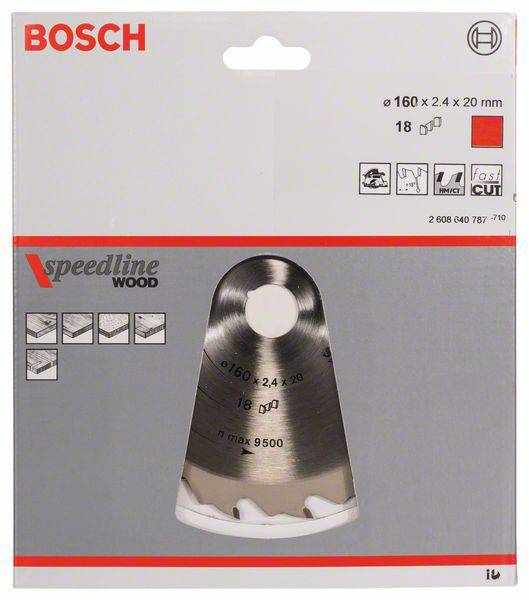 Verpackung eines Bosch Sägeblattes mit Holzverarbeitungssymbolen. Hauptmerkmale: Durchmesser 160 mm, 18 Zähne, max. 9500 U/min.