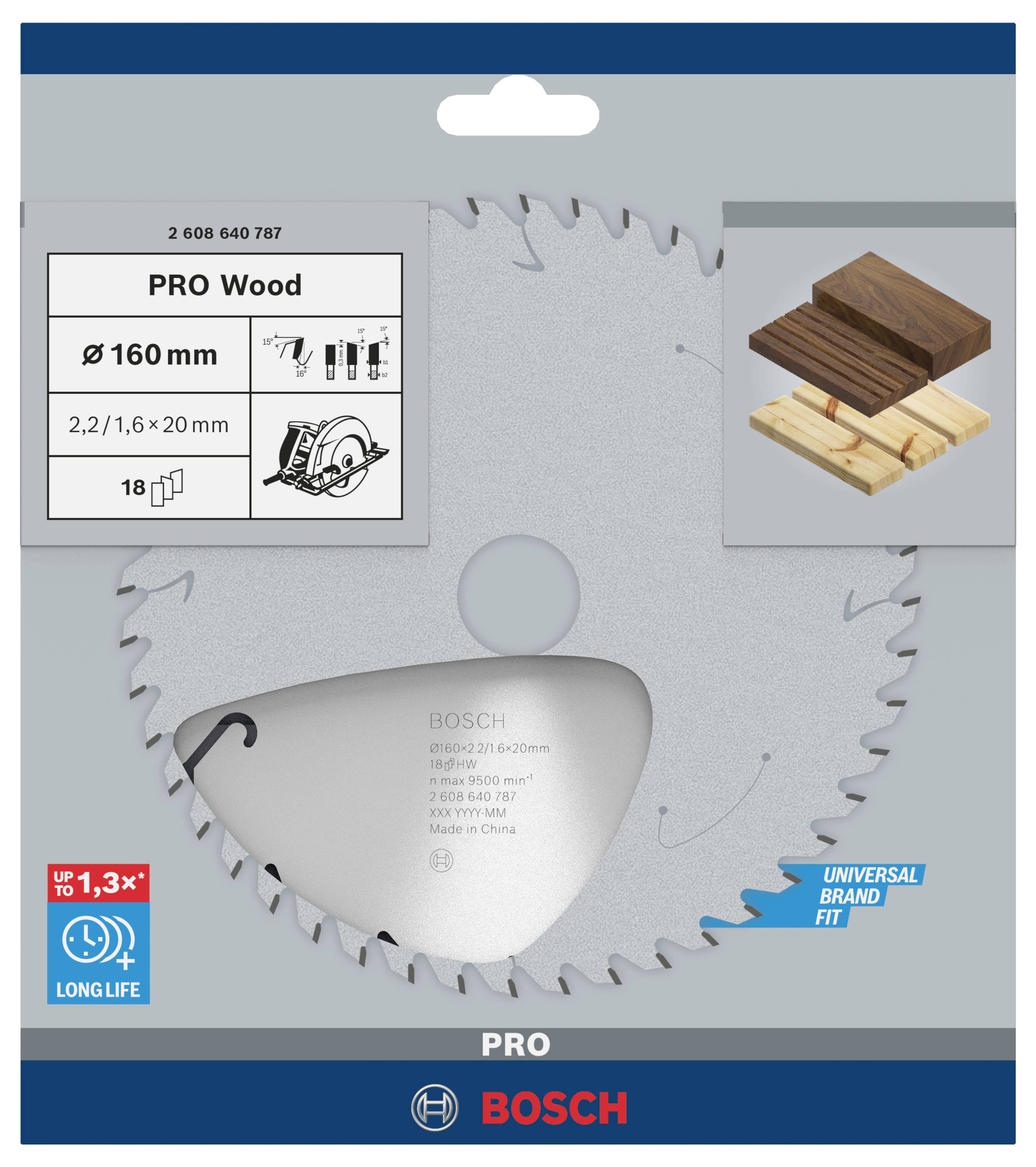 Bosch Kreissägeblatt 'PRO Wood', Durchmesser 160 mm, geeignet für Holzverarbeitung. Verpackung zeigt Anwendungsbeispiel und Produktspezifikationen.