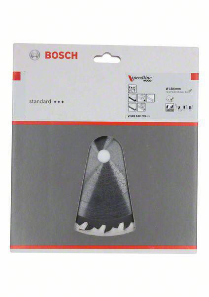 Verpackung einer Bosch-Sägeblatt-Trockenkapsel aus Metall in grauer Farbe. Geeignet für Holzarbeiten. Enthält Leistungsdetails.