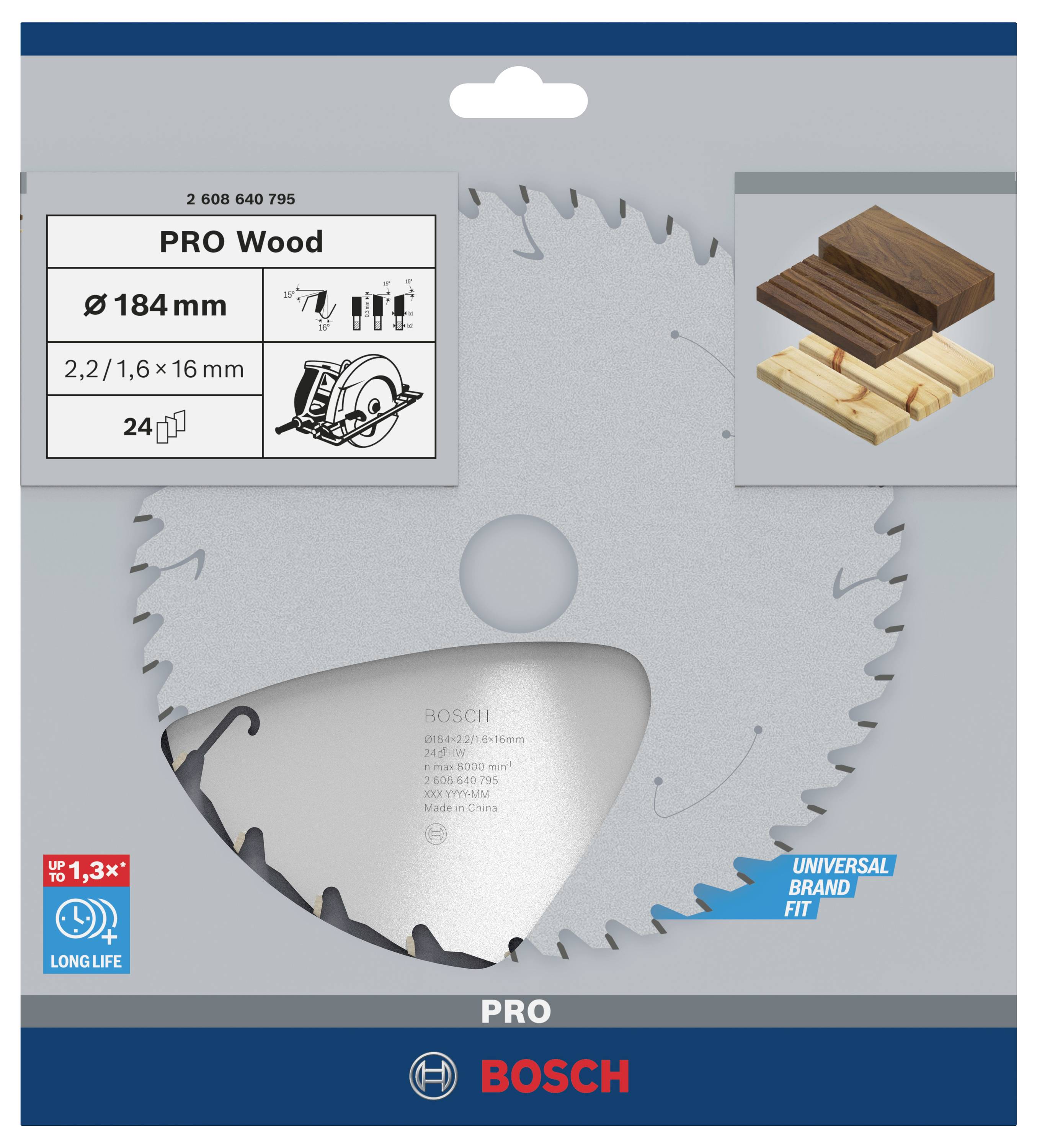 Eine Kreissägeblattverpackung mit der Aufschrift 'PRO Wood', geeignet für 184 mm Blätter, mit 24 Zähnen, für Holzarbeiten.