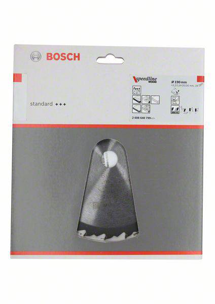 Sägeblatt von Bosch, Modell Speedline, für Holz- und Kunststoffbearbeitung. Verpackung mit Produktabbildung und Logo.