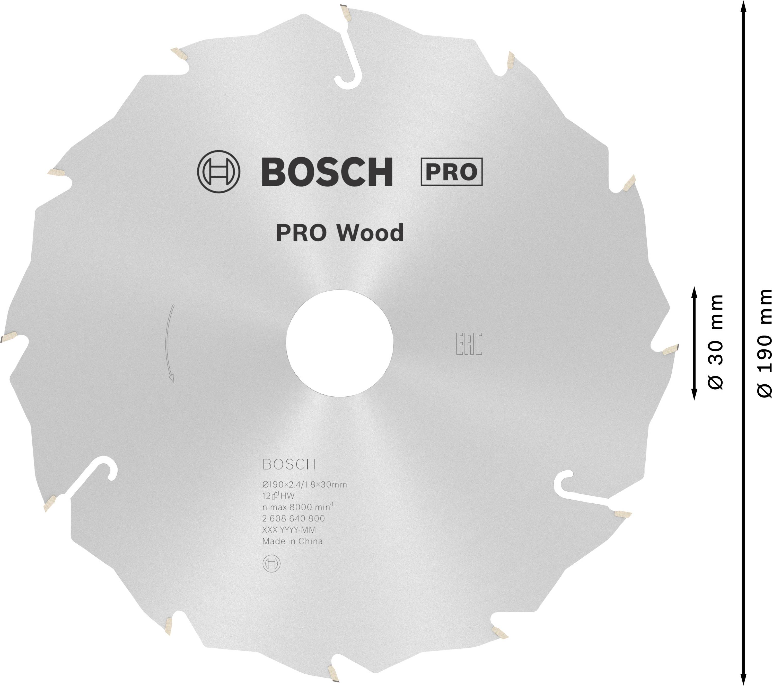 Kreissägeblatt mit der Aufschrift 'BOSCH PRO Wood' und 'Ø 190 mm'. Es hat 12 Zähne und einen Durchmesser von 190 mm.