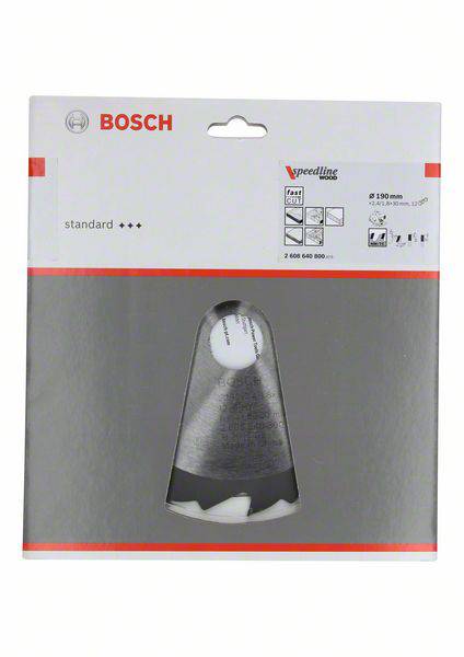 Verpackung eines Bosch Speedline Lochsägenblatts. Zeigt das Produkt in einer klaren Kunststoffverpackung, Größe 150 mm.