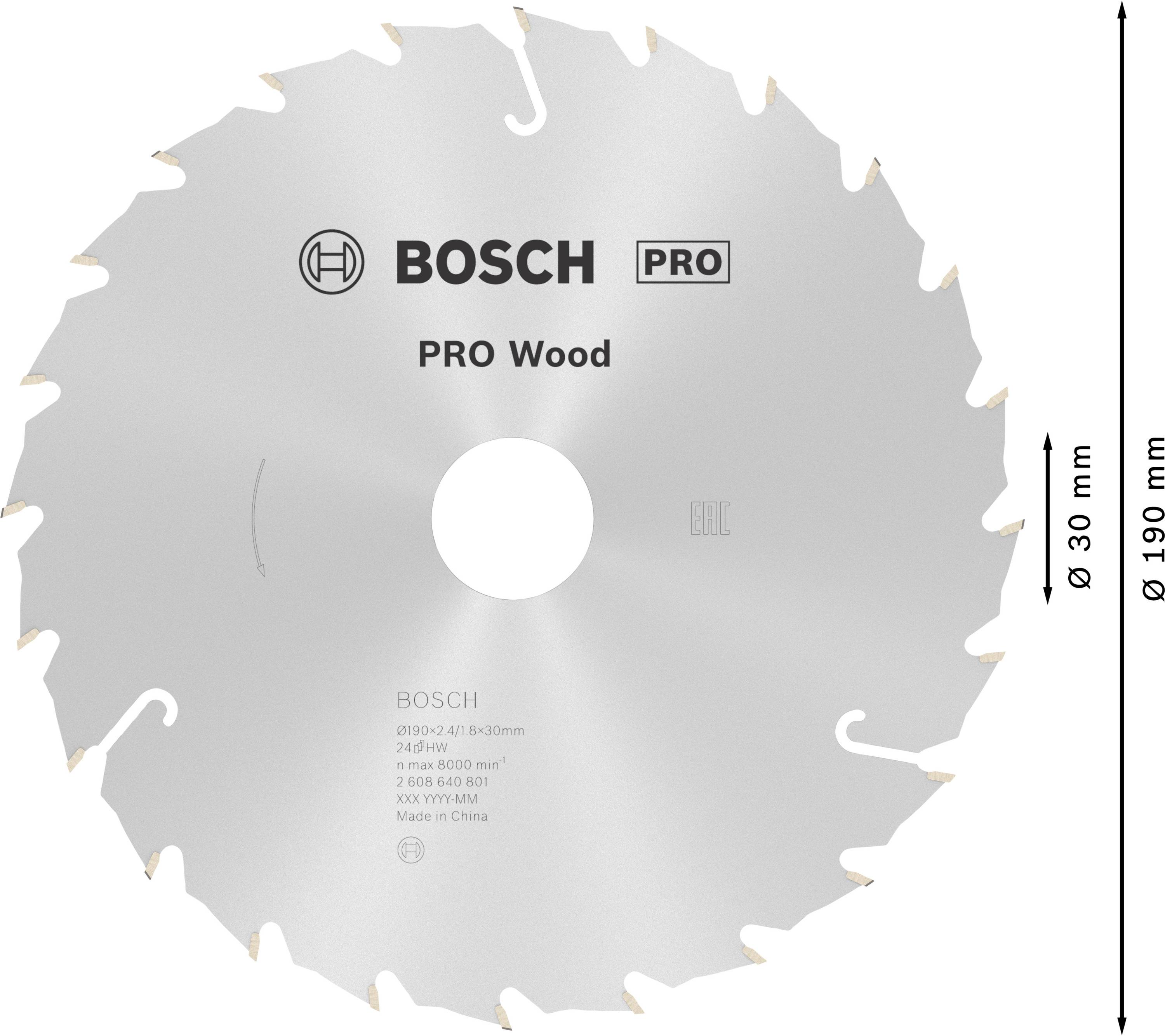 Kreissägeblatt mit der Aufschrift 'BOSCH PRO Wood'. Durchmesser 190 mm, Lochdurchmesser 30 mm, geeignet für Holzarbeiten.