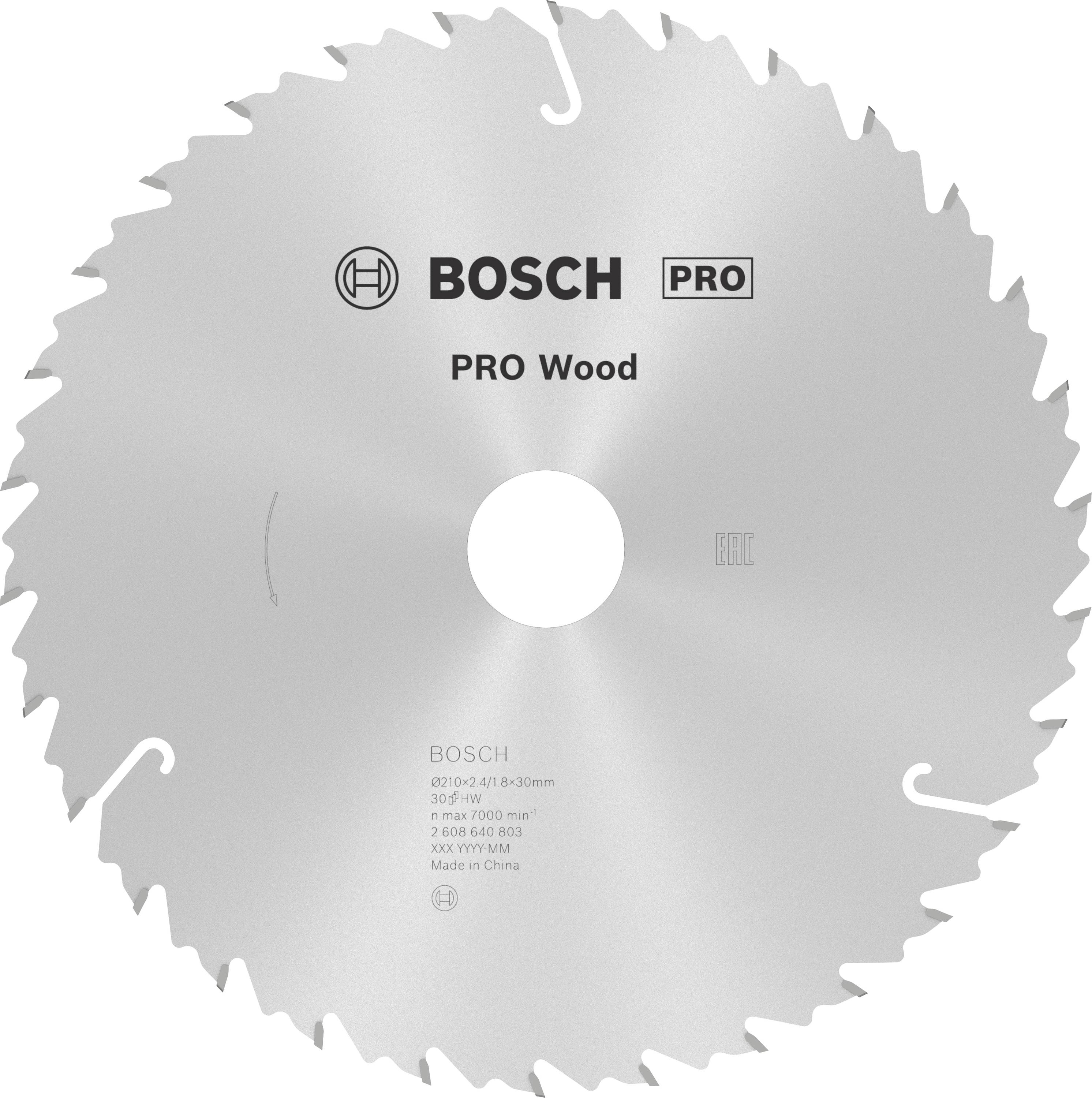 Kreissägeblatt 'Bosch PRO Wood' mit mehreren Zähnen, geeignet für Holzschnitte. Maximale Umdrehung: 6000 U/min, Durchmesser: 210 mm.