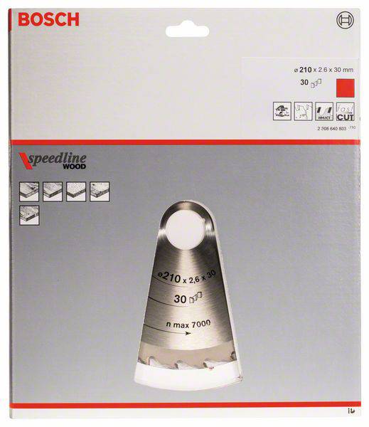 Verpackung eines Bosch-Sägeblatts für Holz, 'Speedline', Durchmesser 210 mm, maximale Drehzahl 7000, zur schnellen Holzbearbeitung.