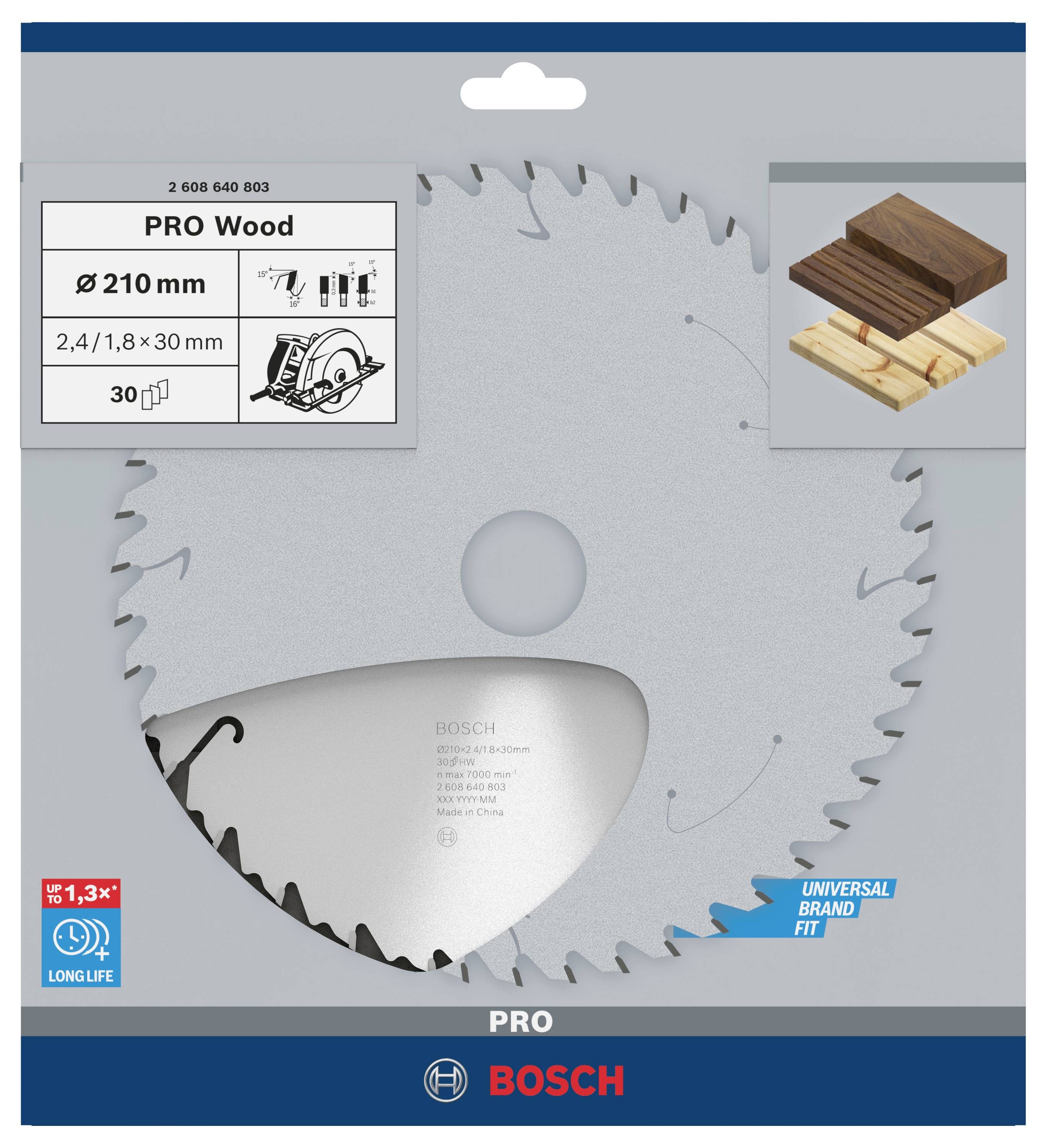 Kreissägeblatt, Bosch PRO Wood, Durchmesser 210 mm, für Holzarbeiten, mit Bildern von Holzstücken zur Veranschaulichung kompatibler Materialien.