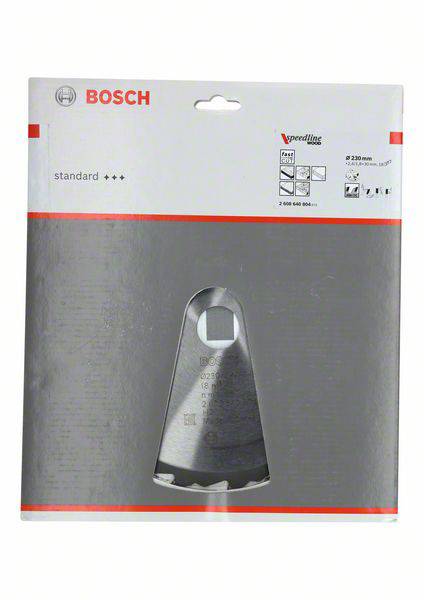 Verpackung einer Bosch Sägeblatt. Enthält Informationen über Größe und Verwendung. Markierung 'standard +++' sichtbar.