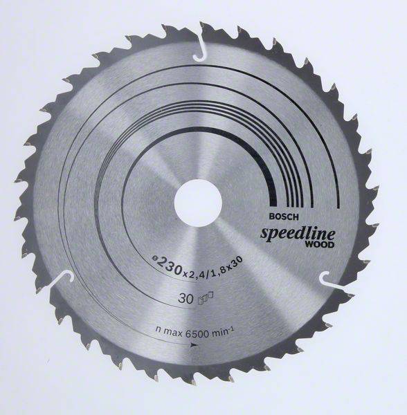 Kreissägeblatt mit 30 Zähnen, Aufschrift 'Bosch Speedline Wood', Durchmesser 230 mm, maximal 6500 U/min, geeignet für Holz.