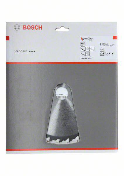 Verpackung eines Bosch Sägeblatts, geeignet für Holz und Metall, dargestellt mit Produktmerkmale und Größe.