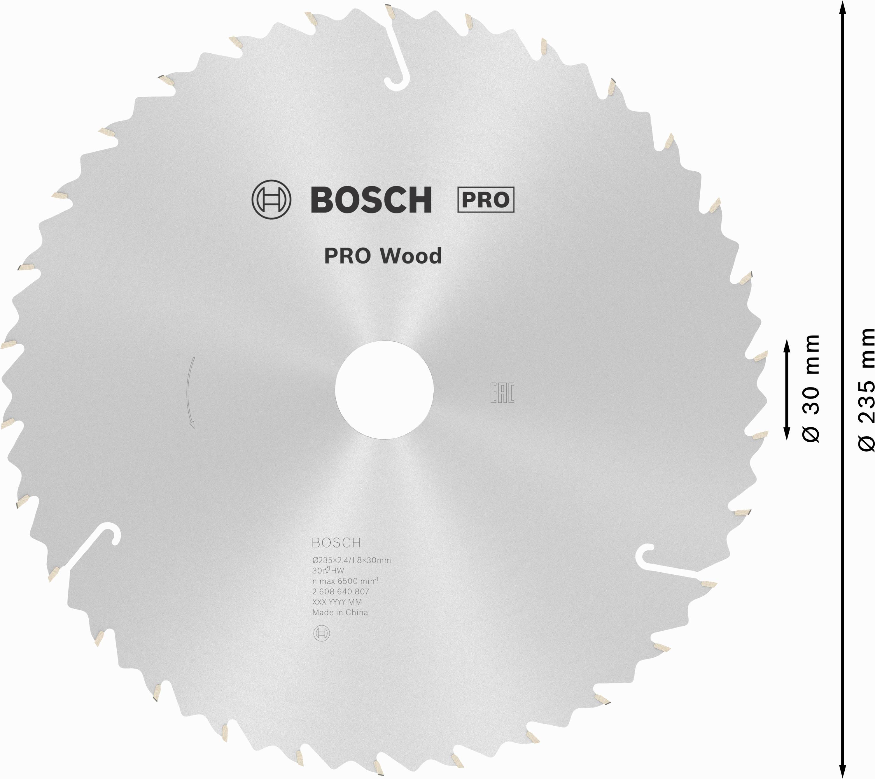 Kreissägeblatt von Bosch für Holz, Durchmesser 235 mm, Bohrung 30 mm, geeignet für Präzisionsschnitte.