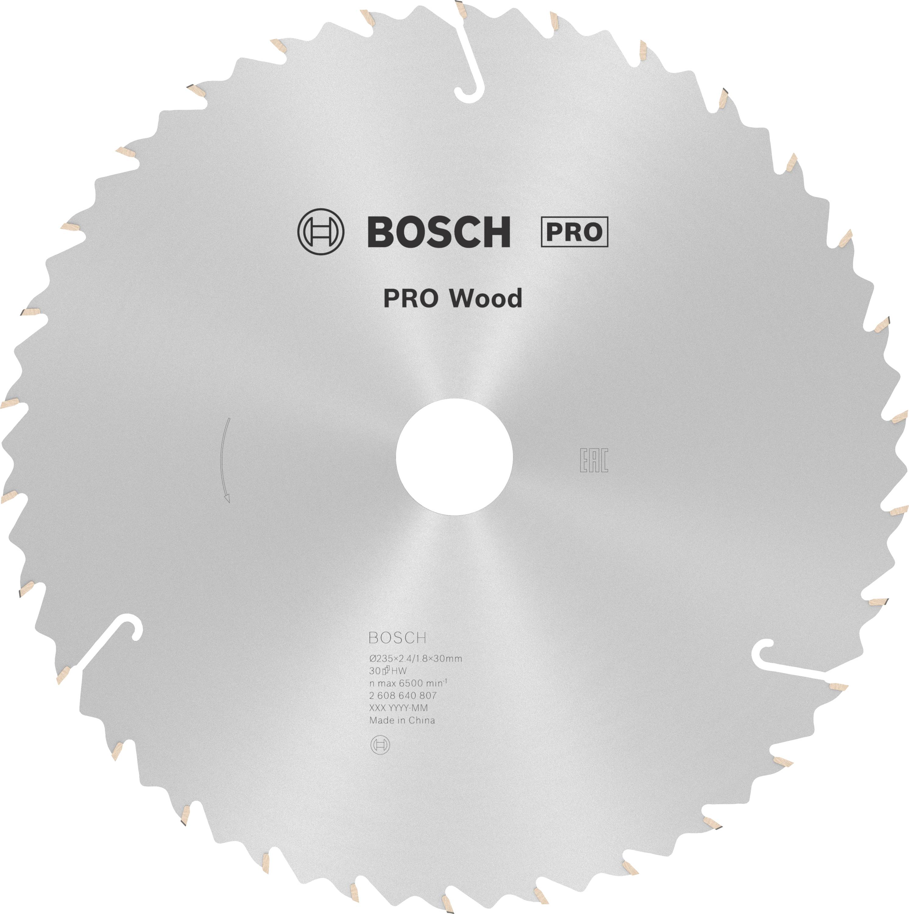 Kreissägeblatt von BOSCH mit 48 Zähnen, geeignet für Holz. Silberfarben mit Aufschrift 'PRO Wood'. Produkt für professionelle Holzbearbeitung.