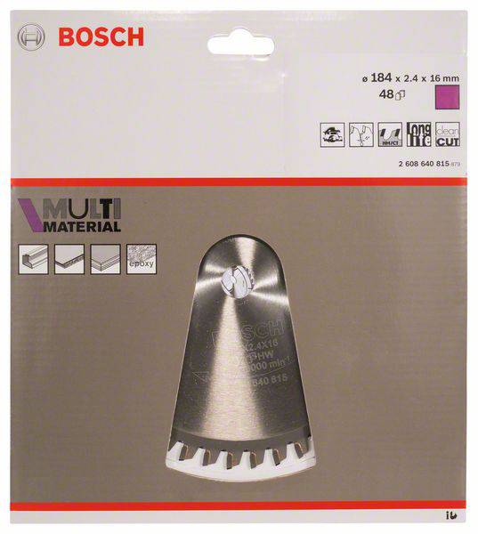 Sägeblatt von Bosch für Multi-Materialien, Packung zeigt 184 mm Durchmesser und 48 Zähne. Geeignet für Holz, Kunststoff und Metalle.