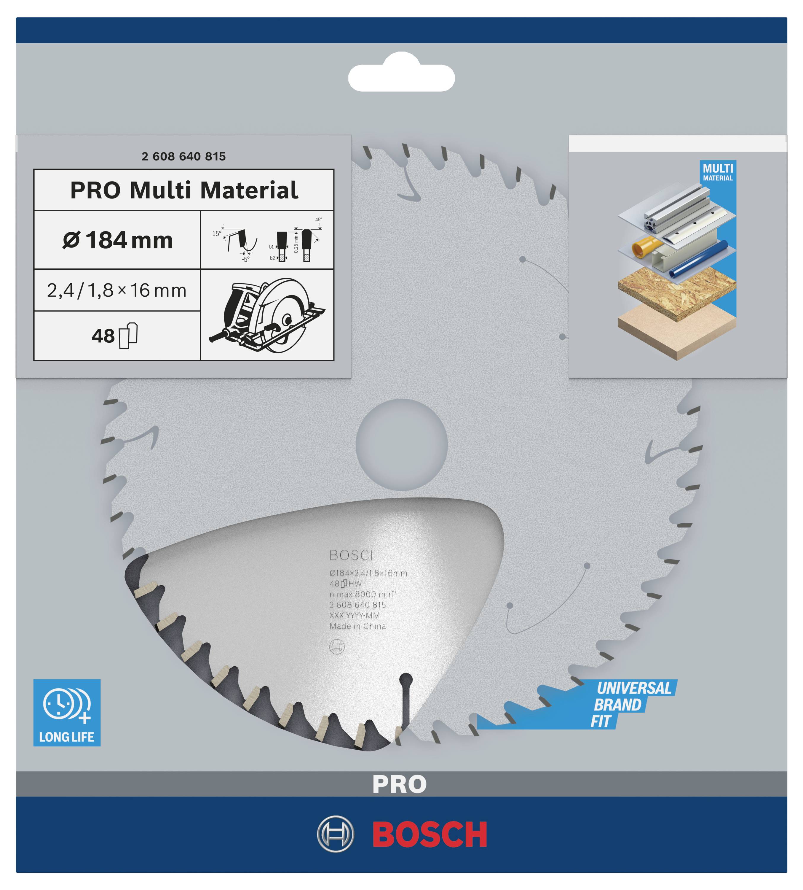 Sägeblatt für verschiedene Materialien, 184 mm Durchmesser, 48 Zähne, geeignet für 16 mm Bohrung. Verpackung zeigt Schnitthöhe für Holz, Laminat und Aluminium.