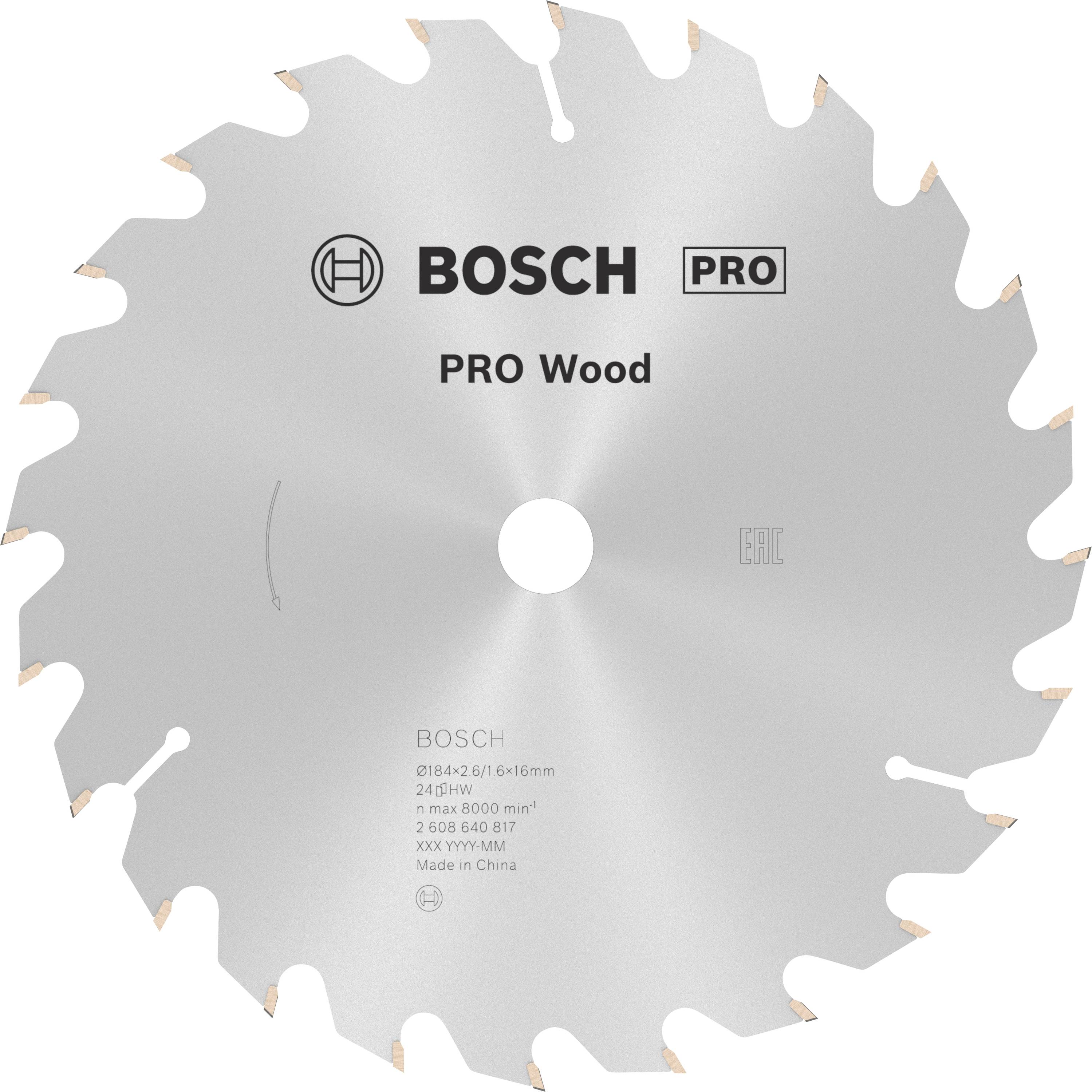 Sägeblatt Bosch PRO Wood, mit Schriftzügen und Logos bedruckt, geeignet für Holzarbeiten.