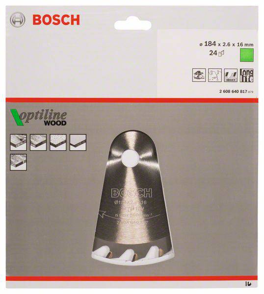 Sägeblatt von Bosch, 184 mm Durchmesser, geeignet für Holz, mit langer Lebensdauer. Enthält Gebrauchshinweise und Sicherheitshinweise.