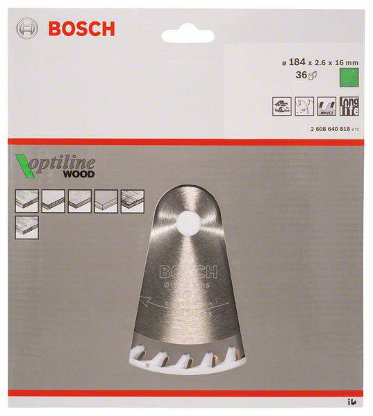 'Bosch Optiline Wood' Sägeblattverpackung. Zeigt Abbildung des Sägeblatts und Beschreibung wichtiger Merkmale: Durchmesser, Schnitthöhe.