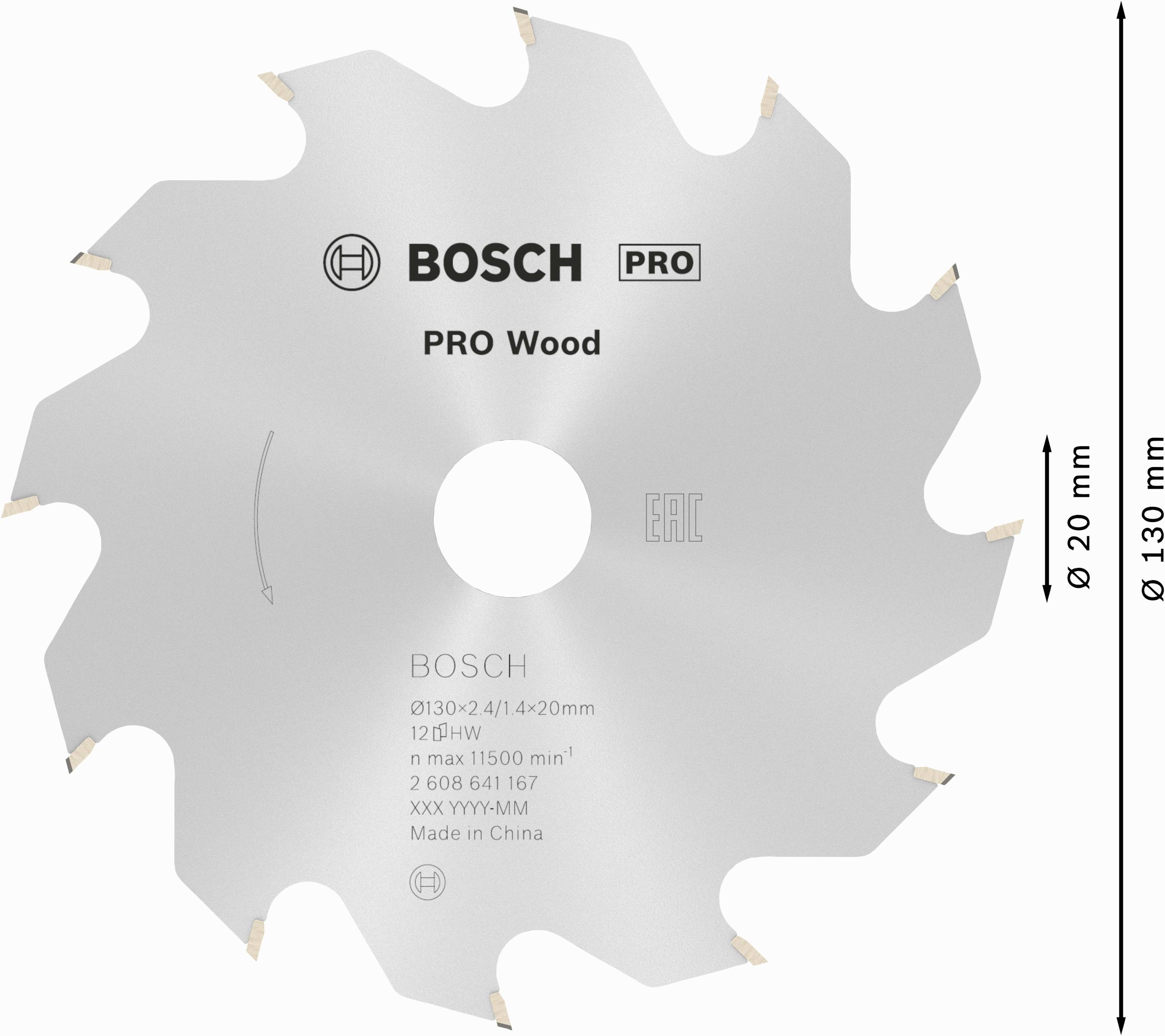 Kreissägeblatt 'BOSCH PRO Wood' für Holzarbeiten, Durchmesser 130 mm, Bohrungsdurchmesser 20 mm, zeigt Produktdetails und Spezifikationen.