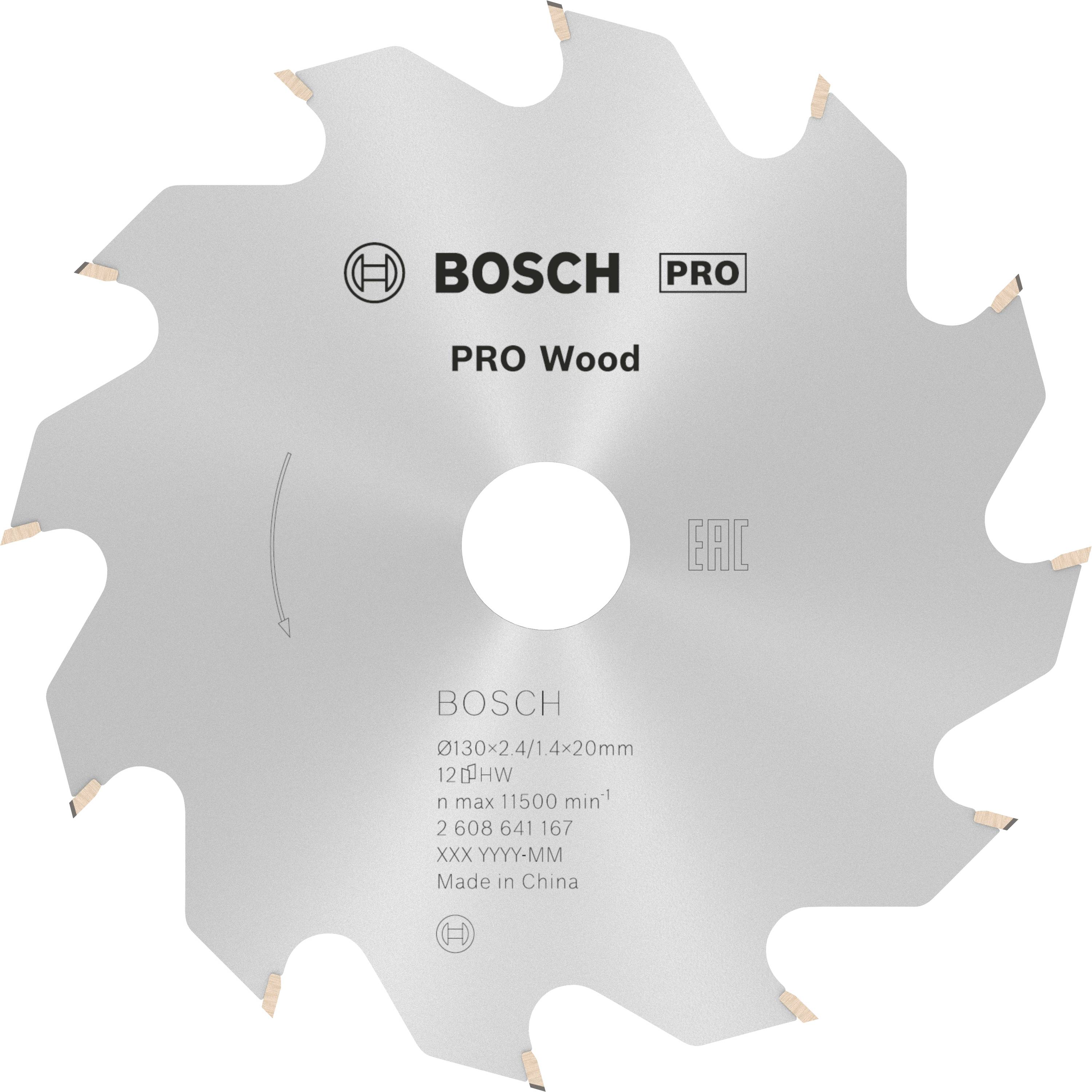 Silberne Kreissägeblatt mit Bosch-Logo und Aufschrift 'PRO Wood'. Zeigt Größe und technischen Details des Blattes.