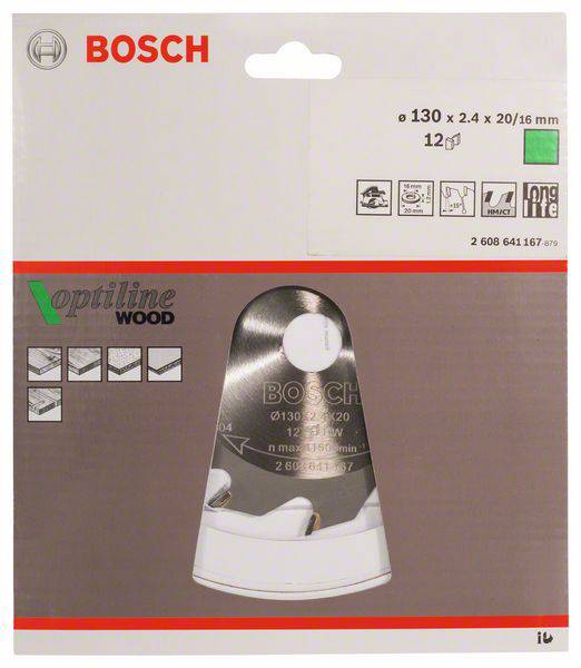 Verpackung eines Bosch Sägeblattsatzes für Holz, Durchmesser 130 mm, 12 Stück. Zeigt Produktabbildung und Spezifikationen.