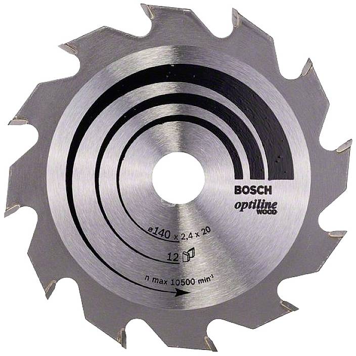 Eine runde Kreissäge mit zwölf Zähnen, geeignet für Holz, markiert 'Bosch Optiline Wood', maximale Drehzahl 10.500 U/min.