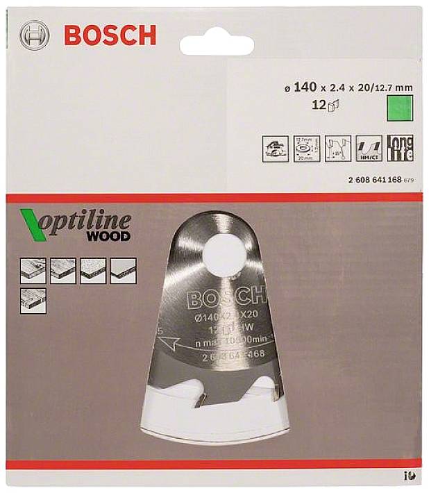 Verpackung einer Holzsägeblatt-Klinge der Marke Bosch. Die Spezifikationen und Anzahl der Klingen sind auf der Verpackung angegeben.