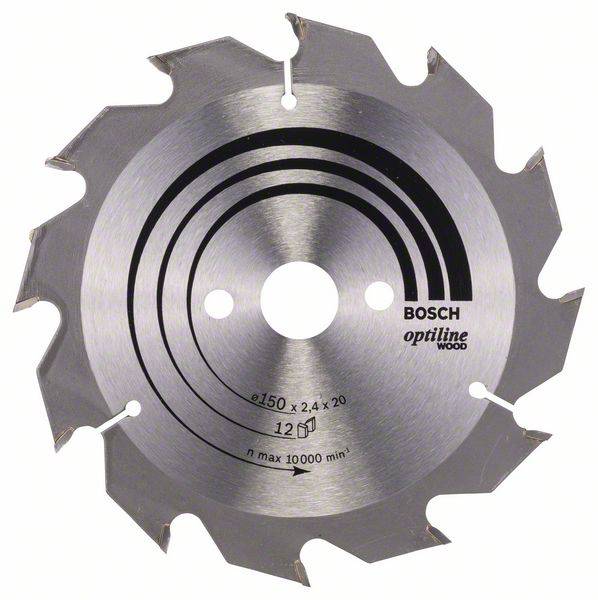 Kreissägeblatt, Marke Bosch, für Holz. Durchmesser: 150 mm. Maximal 10.000 U/min. Silbernes Metall mit markierten Kreisen und Zähnen.