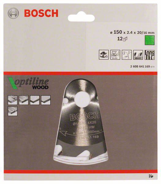 Verpackung für ein Bosch-Sägeblatt, geeignet für Holz. Zeigt Spezifikationen: 150 mm Durchmesser, 2,4 mm Stärke, 12 Stück.