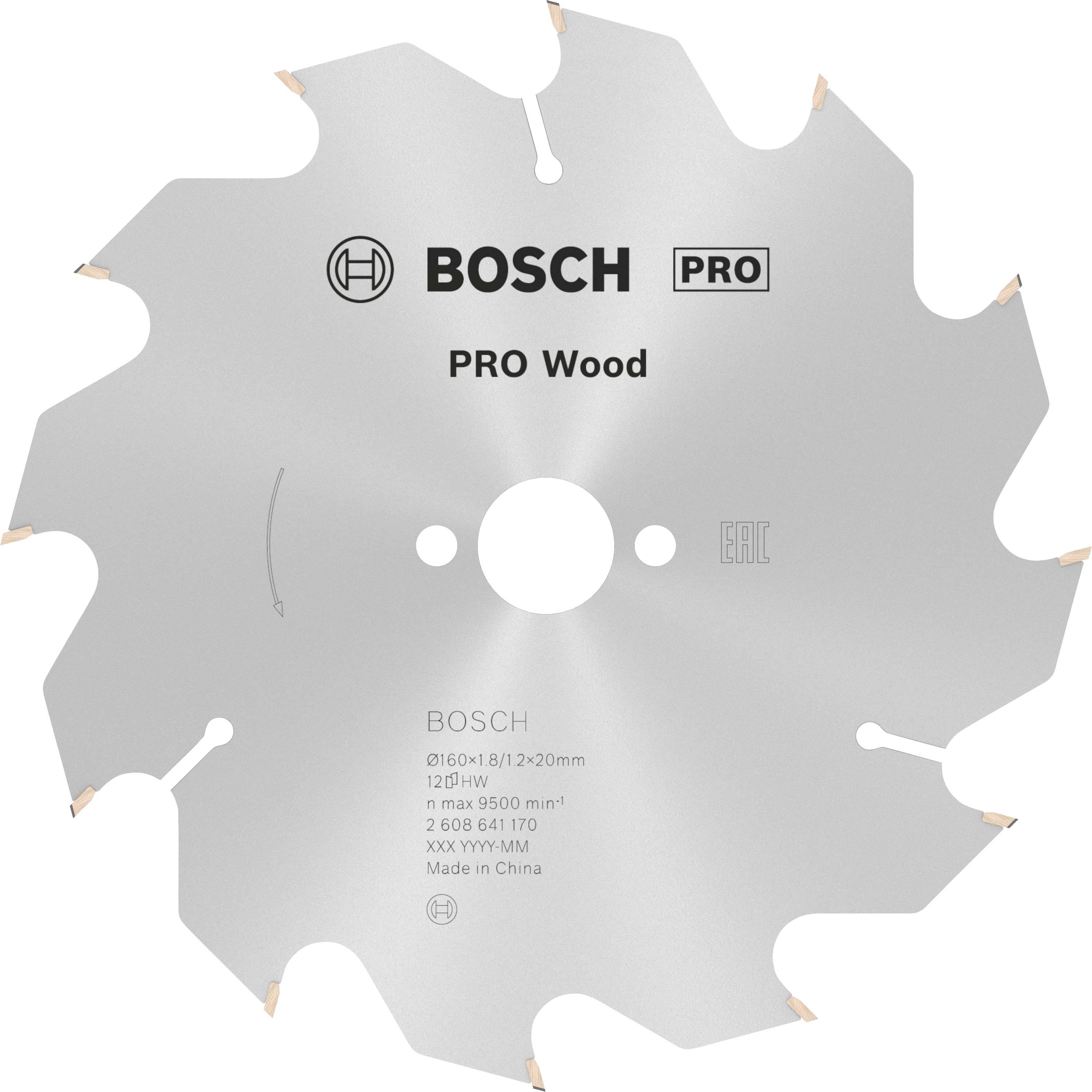 Kreissägeblatt mit der Aufschrift 'BOSCH PRO Wood'. Geeignet für Holzarbeiten, Durchmesser 216 mm, max. 9500 1/min. Hergestellt in China.