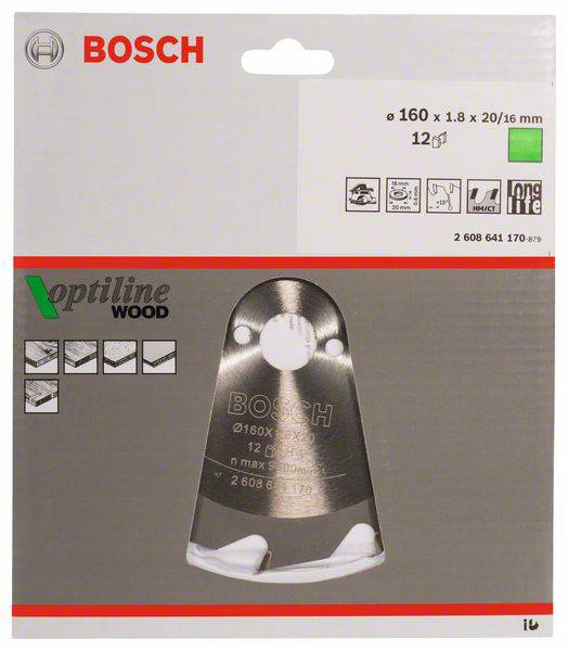 Sägeblatt für Holz von Bosch, 160 mm Durchmesser, Kompatibilität und technische Spezifikationen auf der Verpackung angegeben.