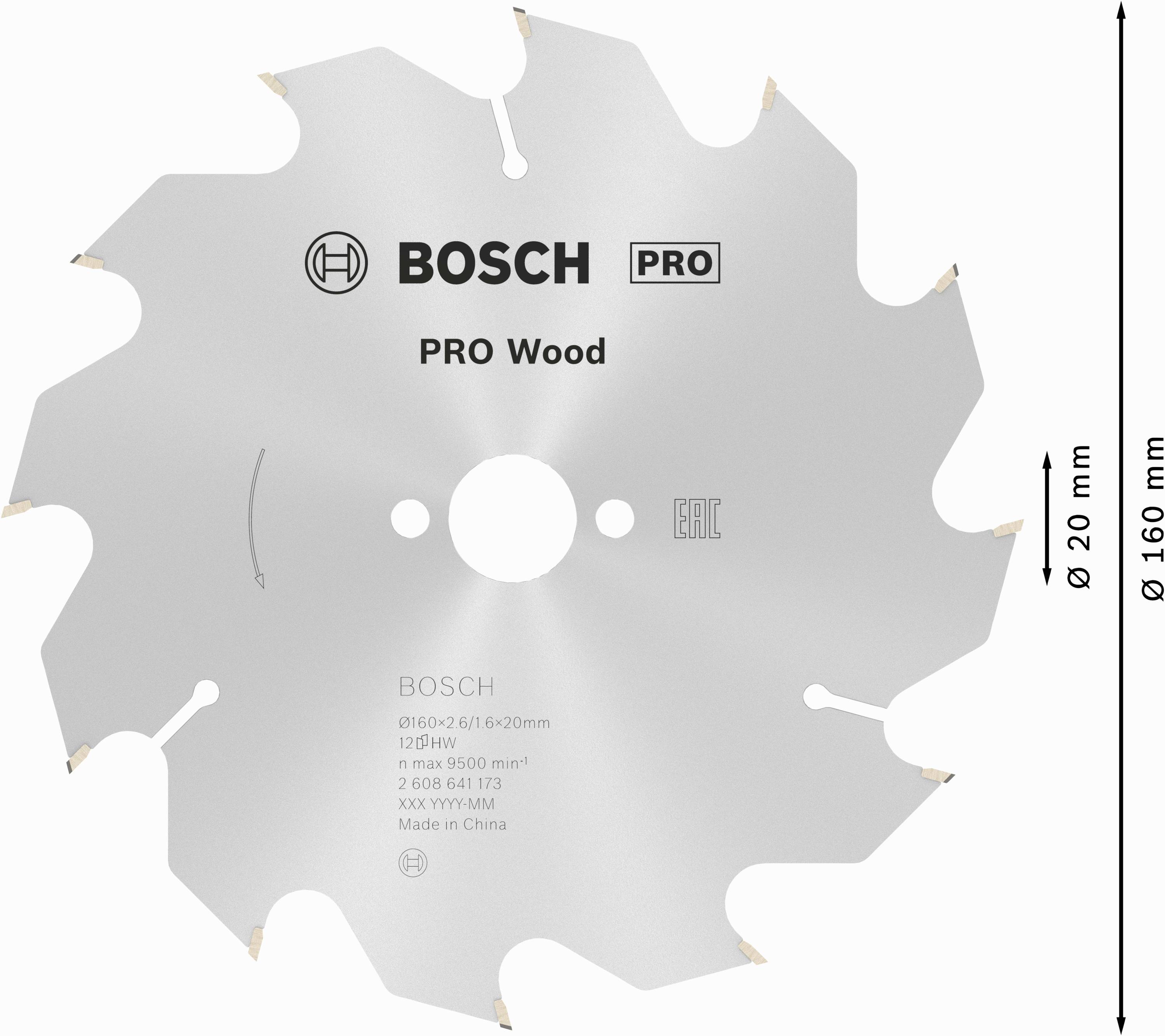 Kreissägeblatt mit Markenlogo, Aufschriften 'PRO Wood' und technischen Spezifikationen: Durchmesser 160 mm, Bohrung 20 mm.