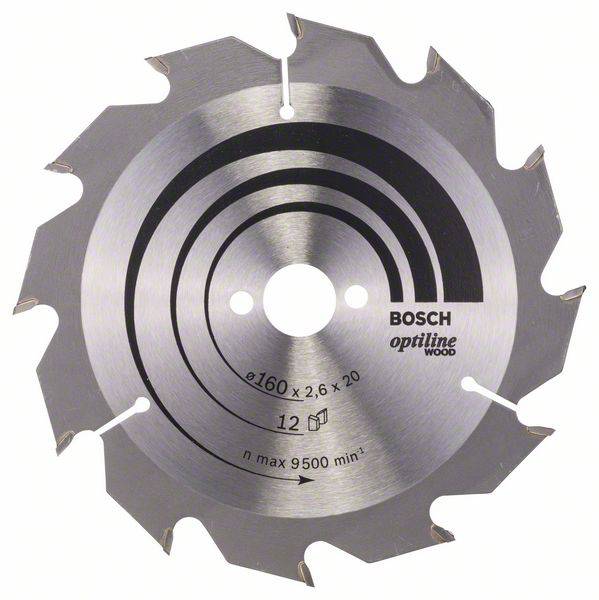 Kreissägeblatt von Bosch für Holz. Durchmesser 160 mm, 12 Zähne, maximale Geschwindigkeit 9500 U/min.