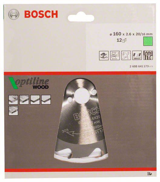 Verpackung einer Bosch Optline Wood Kreissägeblattklinge, zeigt die Klingenform und Spezifikationen: 160 mm Durchmesser, geeignet für Holz.