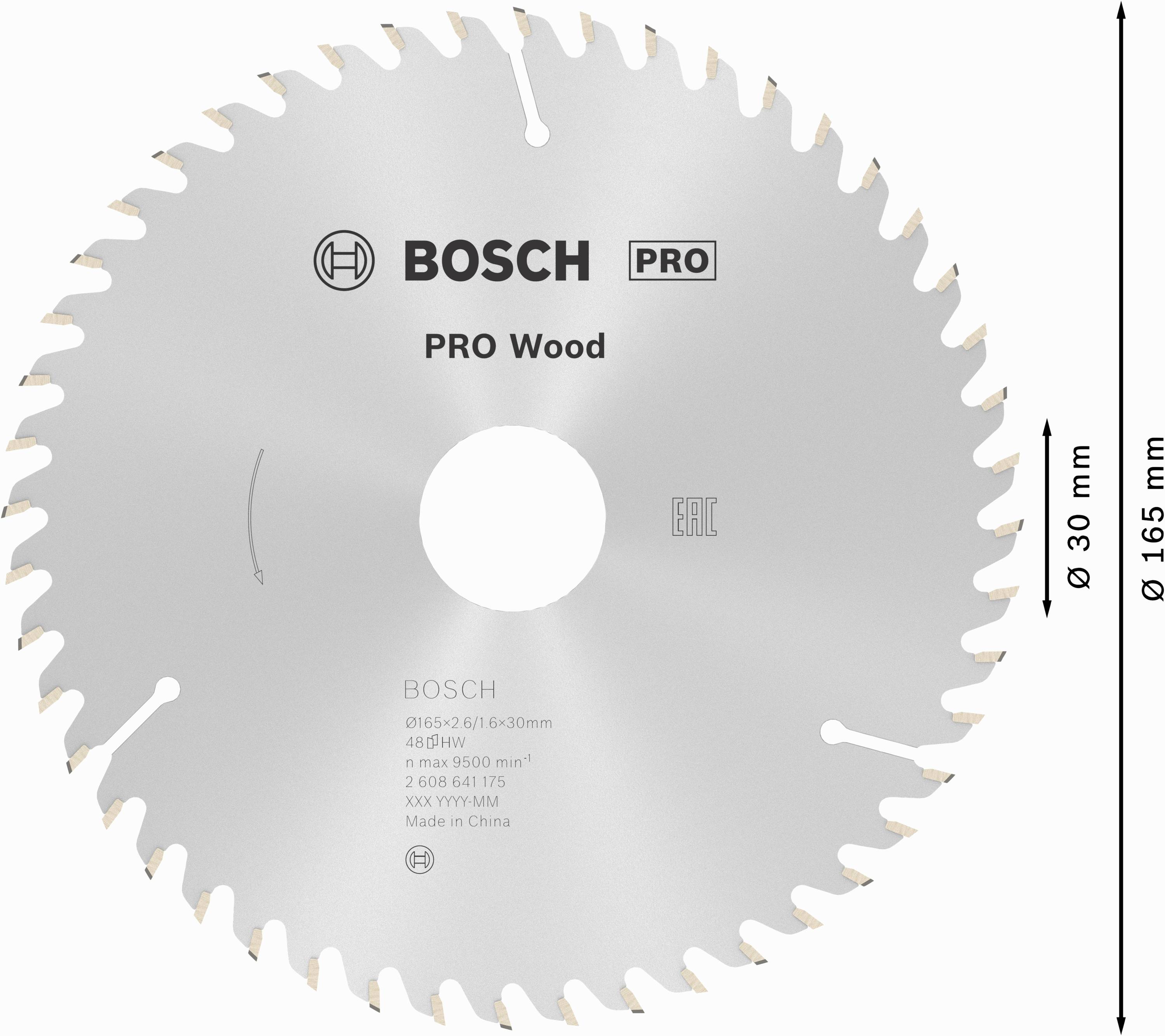 Sägeblatt mit 30 Zähnen, geeignet für Holz. Aufschrift: 'BOSCH PRO Wood', Durchmesser 165 mm, Bohrungsdurchmesser 30 mm.