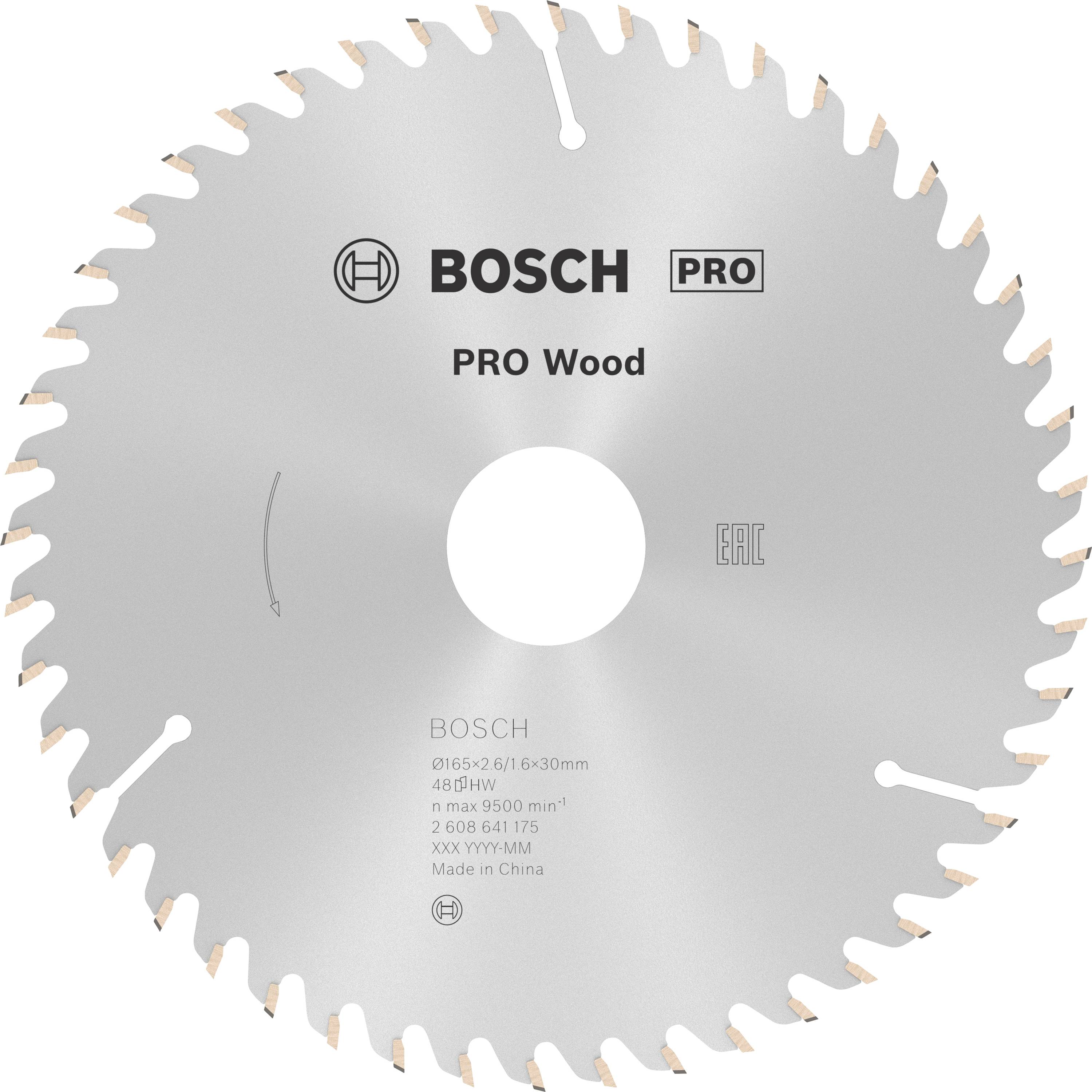 Sägeblatt von Bosch mit der Aufschrift 'PRO Wood'. Es ist rund und silbern, geeignet für Holz, Durchmesser und andere Spezifikationen abgebildet.
