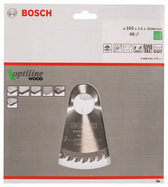 'Bosch optiline WOOD Kreissägeblatt,' zeigt Verpackung und Produkt. Oberer Teil enthält Markenzeichen und technische Spezifikationen.