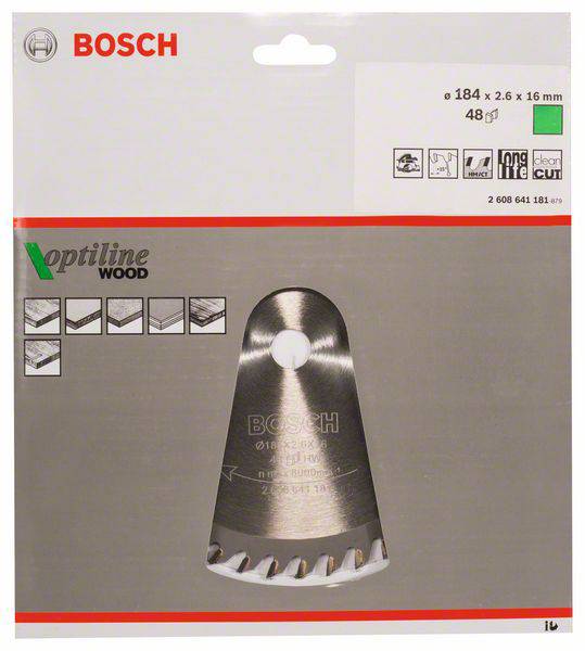 Abbildung einer Bosch Optiline Wood Sägeblattverpackung mit Blatt, geeignet für Holz, mit den Maßen 184 x 2,6 x 16 mm, 48 Zähne.