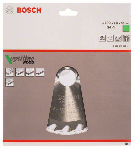 Eine Bosch-Kreissägeblattscheibe in der Originalverpackung. Geeignet für Holzarbeiten. Maße: 190 x 2,0 x 30 mm, 24 Zähne.