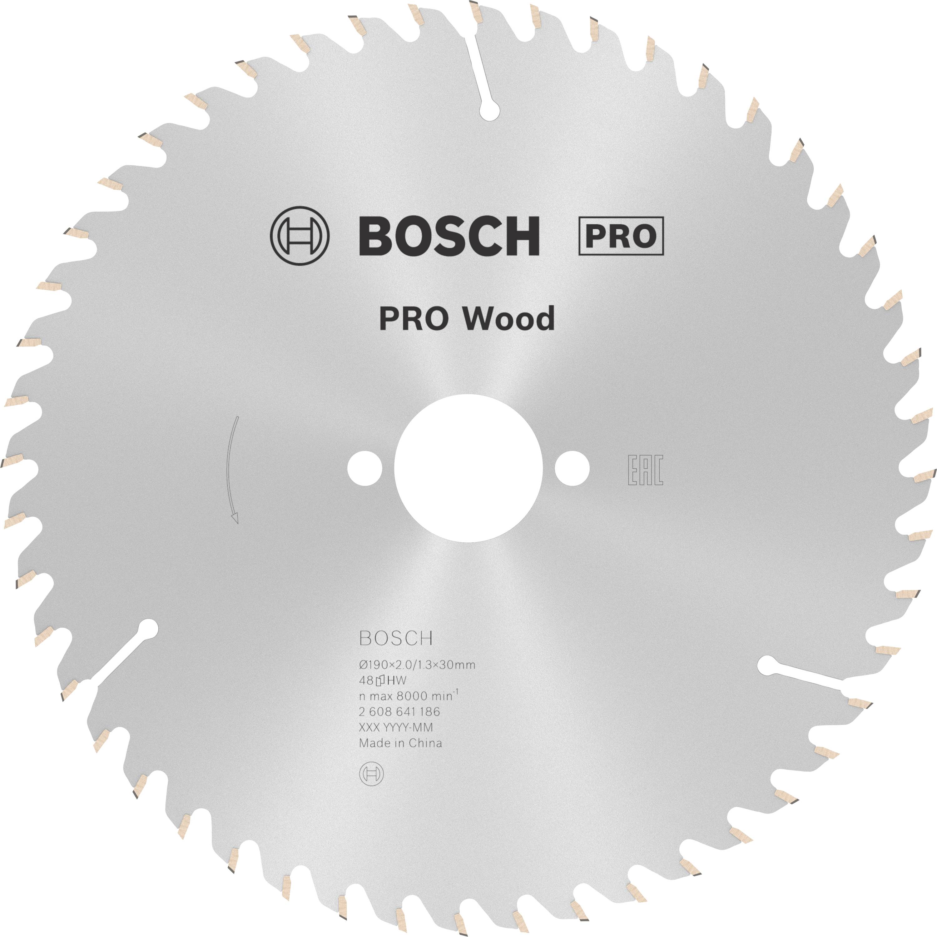 Kreissägeblatt von Bosch 'PRO Wood' für Holzverarbeitung, silbern mit Aufschrift und Logo, weist feine, gleichmäßige Zähne auf.