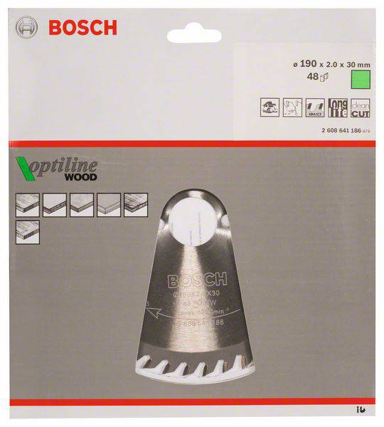 Sägeblatt Bosch Optiline Wood, 190x2.0x30 mm, für Holz, Abbildung des Sägeblatts und Hinweise zu Anwendungsmöglichkeiten.