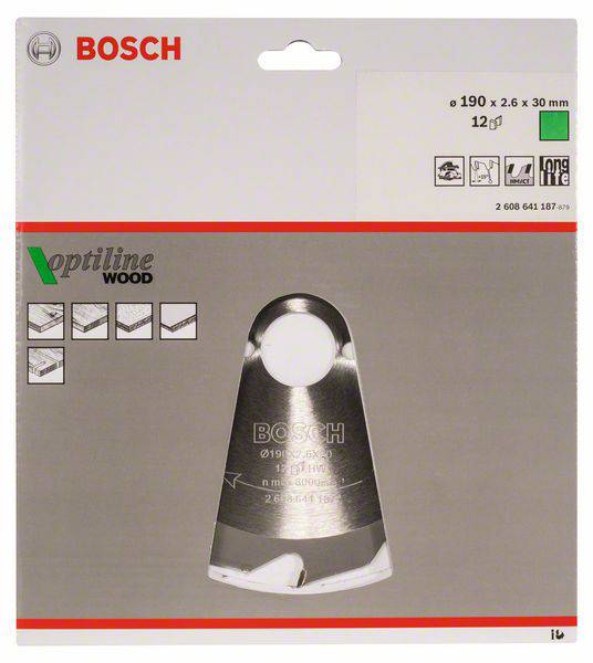 Bosch Accessories Optiline Wood 2608641187 Hartmetall Kreissägeblatt 190 x 30 x 2.6mm Zähneanzahl: 12 1St.