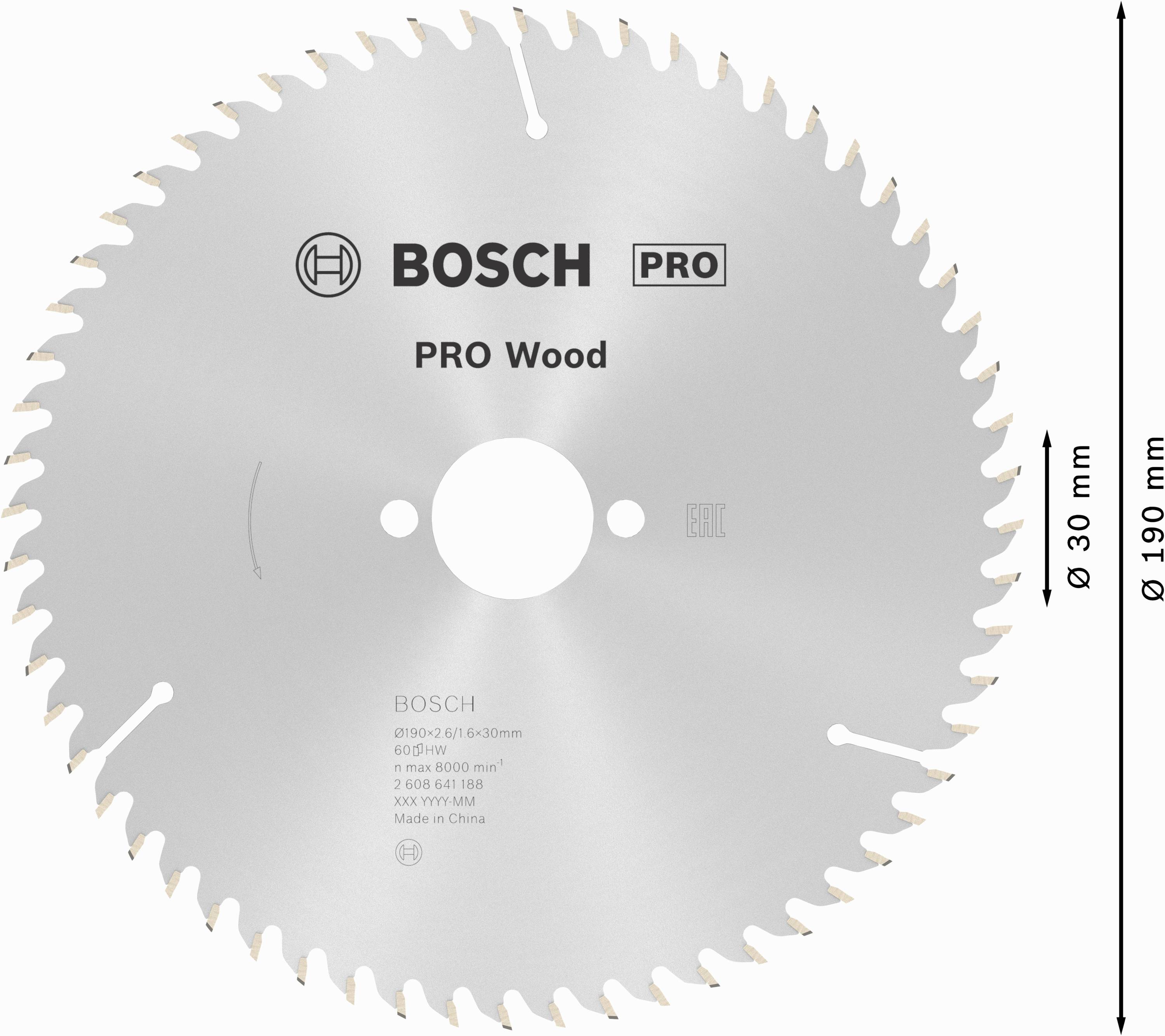 Kreissägeblatt von Bosch 'PRO Wood', Durchmesser 190 mm, 30 mm Bohrung, geeignet für Holz, maximal 60 Zähne, Geschwindigkeitsbereich bis 8000 U/min.